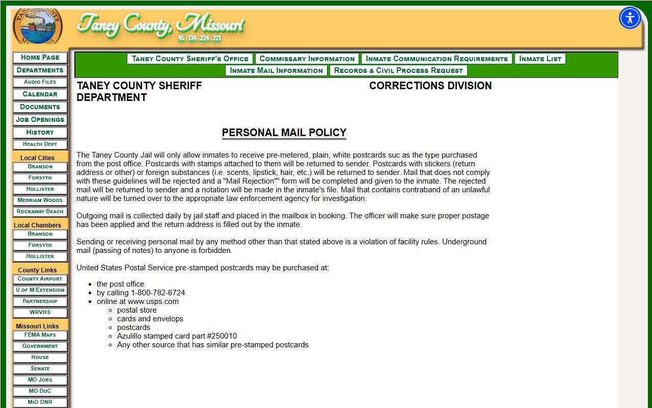 Taney County inmate records jail mail policy source