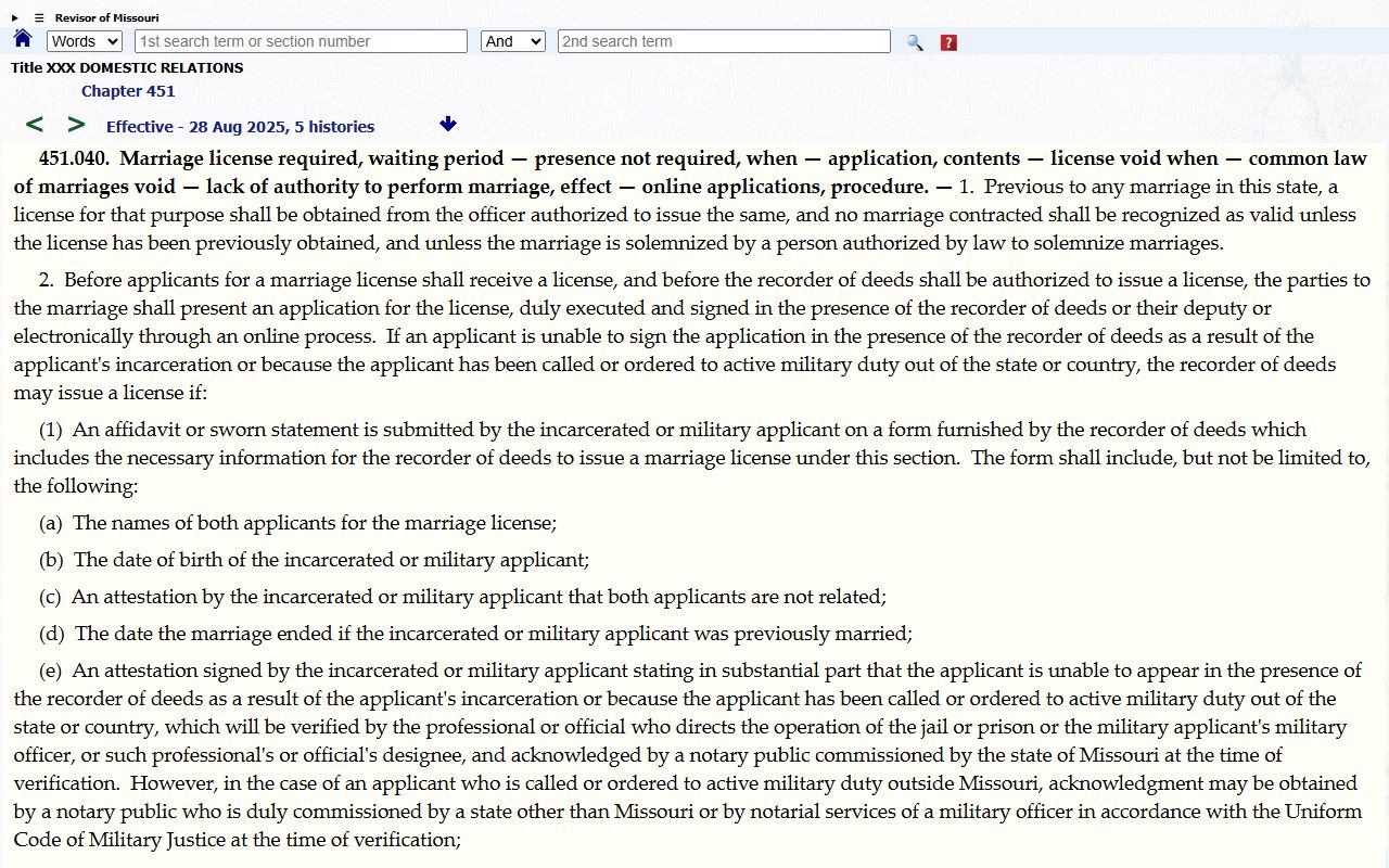 Taney County marriage and divorce records Missouri marriage license statute