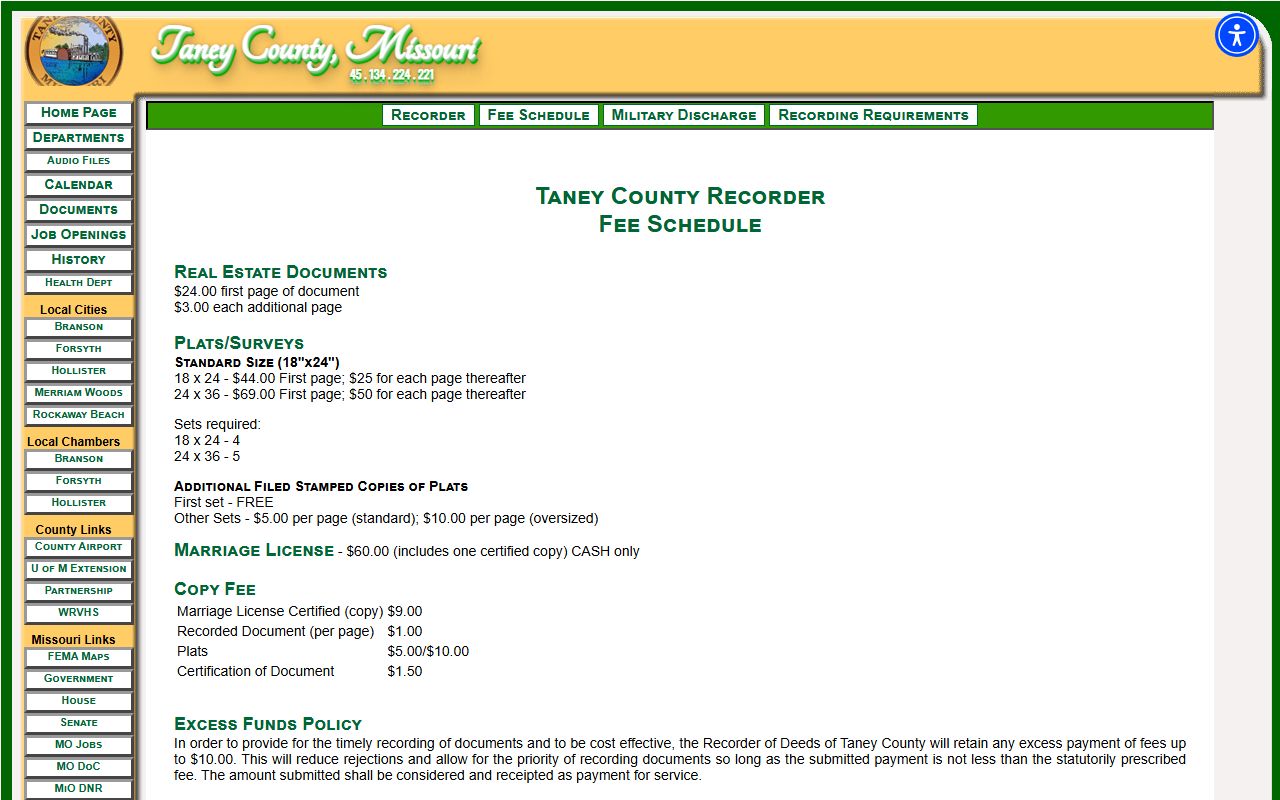 Taney County marriage and divorce records Recorder fee schedule