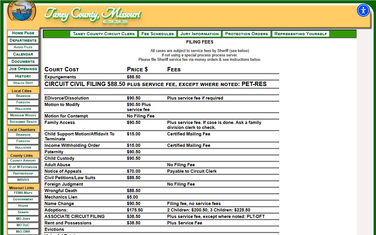 Taney County probate records Circuit Clerk fee schedule