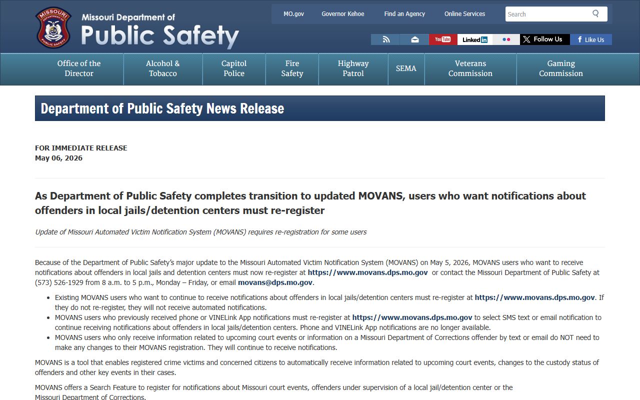 Taney County warrant records Missouri DPS MOVANS notice